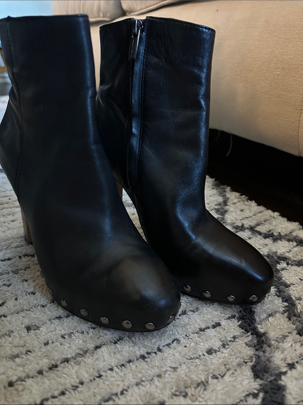 Vince Camuto Black Leather Ankle Booties with Stud Trim